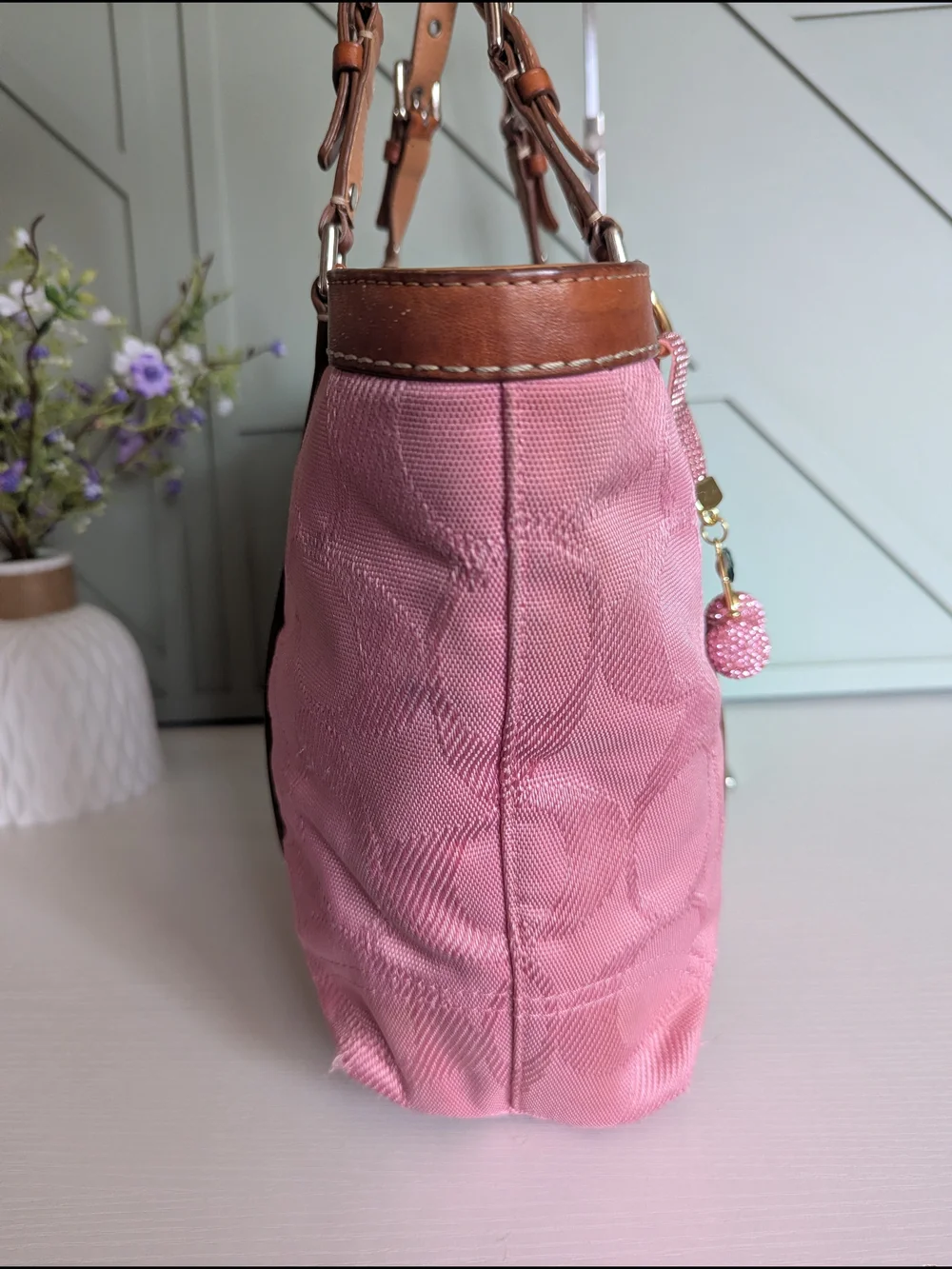 Coach Pink Canvas Tote with Brown Leather Trim